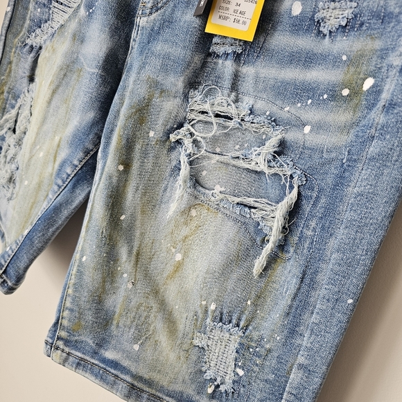 Skinny Fit Distressed Blue Denim Shorts with Stretch - Picture 8 of 15